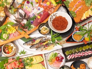 料理長厳選の『地産地消の新鮮な刺身』『いくら』『ステーキ』『天ぷら』などが食べ放題