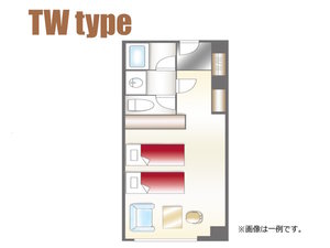 【ツインルーム間取り一例】ワンルーム・最大3名までご宿泊可能な洋室(キッチンなし)