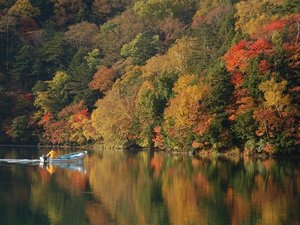 【湯ノ湖】三岳の噴火で湯川がせき止められてできた湖。10月上旬〜中旬には色鮮やかな紅葉が見られます。