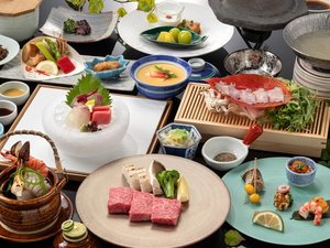 当館売筋1位【ブランド佐賀牛付料理長おすすめ上級会席】お献立評価1.佐賀牛2.氷の器のお造り3.スープ鍋