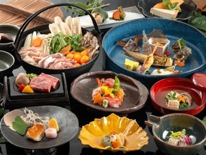 ■夕食一例|A5秋田ブランド黒毛和牛『錦牛』の陶板焼きと秋田の味を愉しむ鍋料理(きりたんぽ鍋)※一例