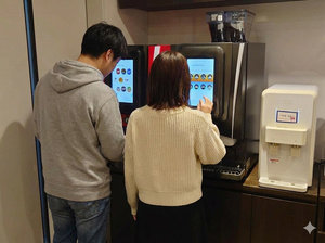 2階ラウンジにある、ドリンクサーバーのご利用イメージ。コーラ×ピーチなど、味のブレンドも可能です。