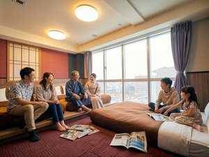 デラックスツインのご利用イメージ。ソファをベッドに組み替えると、6名様までご利用いただけます。