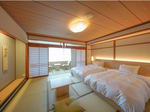 【2025年4月改装】和室スーペリアツイン シモンズ社のダブルベッドを2台配した贅沢な客室