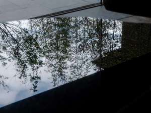 天然石の玄武岩のテーブルに移る庭園の風景。