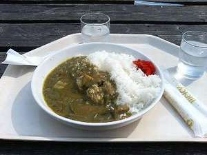 シャボテン公園のシャボテン入りグリーンカレーです。色はすごい緑ですが、意外においしいのです。