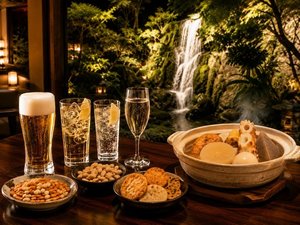 15:00〜18:00限定。庭園の滝を眺めながら、お酒とおでんをゆったり満喫。
