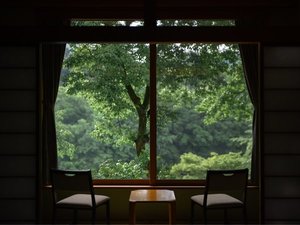 窓一面に広がる緑の絶景。癒やしの空間で心ゆくまでご満喫ください。