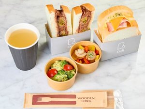 朝食BOX【A】Dali特製「自家製生食パン」サンド/蒸しホタテとパプリカマリネ/グレープフルーツジュース等