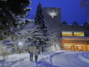 【外観】木々に積もった雪がホテルの灯に照らされた様子。
