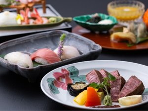 基本料理の中に黒毛和牛ヒレステーキと寿司をお付けして、お食事を贅沢に楽しんでいただけます。