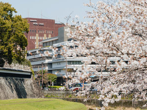 【外観】桜越しに見る熊本城の石垣と熊本ホテルキャッスル。歴史と趣が感じられます。