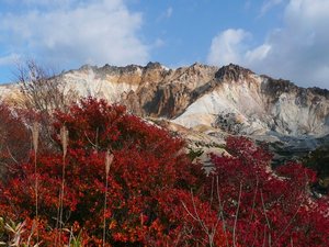 【恵山の紅葉】荒涼とした岩肌と深紅に色づく紅葉のコントラストが美しい、秋ならではの絶景。