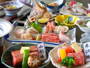山形が誇るブランド米沢牛、山形牛を食べ比べ!当館最上グレードのご夕食コースです!