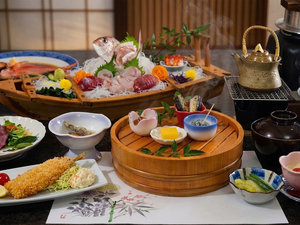 【ご夕食】銚子名物の金目鯛をはじめ、旬魚の舟盛など新鮮な海の幸をお愉しみいただけます