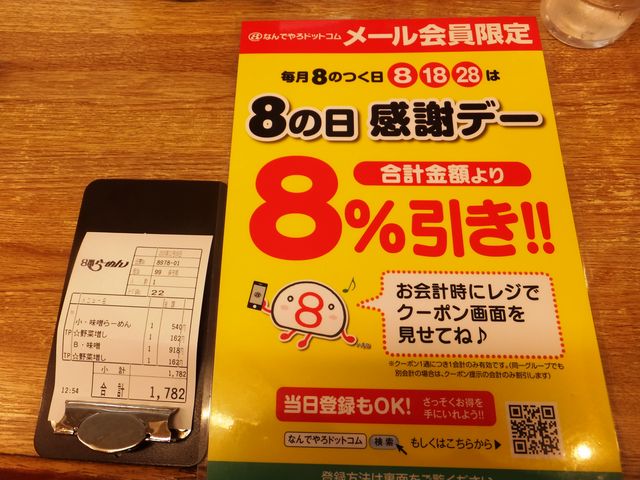 8の付く日は感謝デー。お代を8%値引きしてもらえます。_8番らーめん 小松店