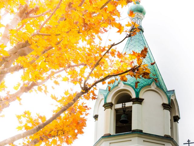 北海道の黄色い紅葉に美しい教会が映えています。_函館ハリストス正教会