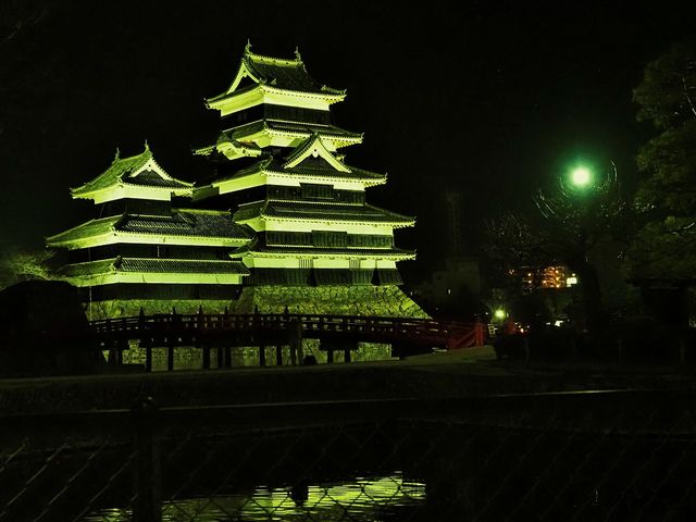 世界緑内障週間（3月8～14日）に合わせライトアップ　夕暮れ時に緑に染まる松本城
　_松本城公園