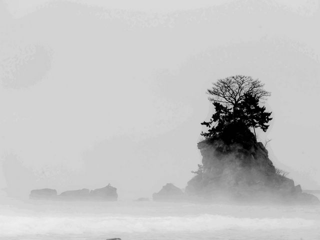 早朝の雨の中の女岩_能登半島国定公園　雨晴海岸