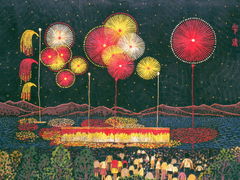 山下清、【湖に映った花火】、希少な額装用画集より、美品、日本